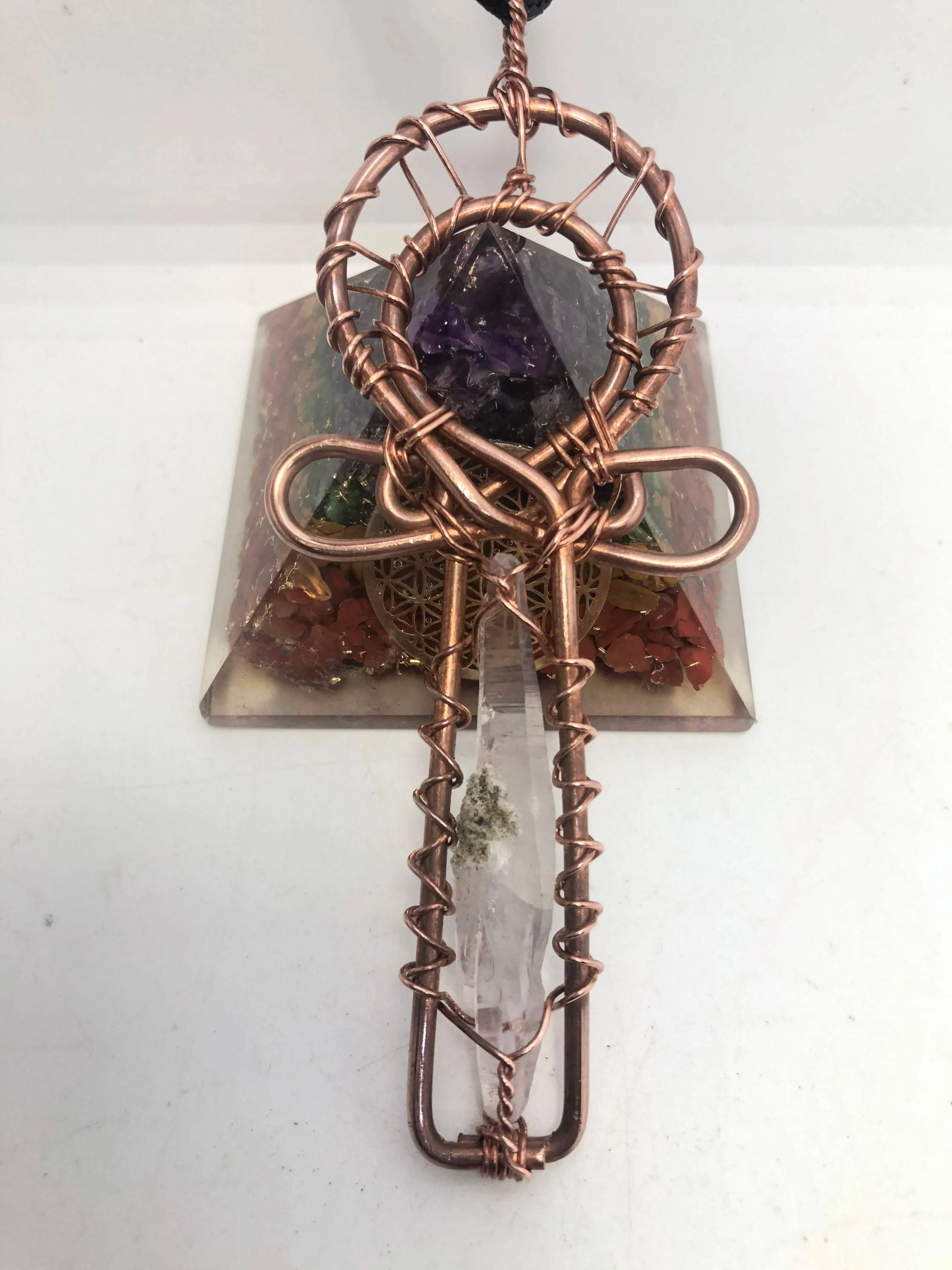 Amethyst Vera Cruz Crystal and Copper Egyptian Kemetic Coptic Cross Ankh Wirewrapped Wearable Necklace Pendant