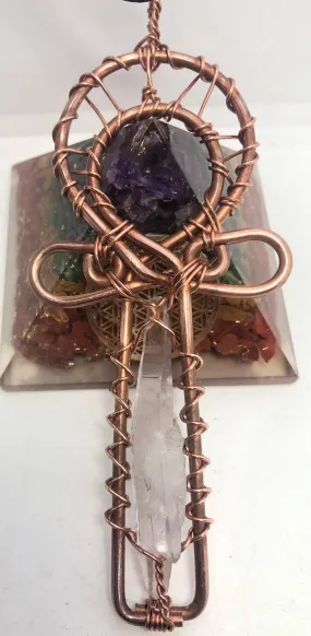 Amethyst Vera Cruz Crystal and Copper Egyptian Kemetic Coptic Cross Ankh Wirewrapped Wearable Necklace Pendant