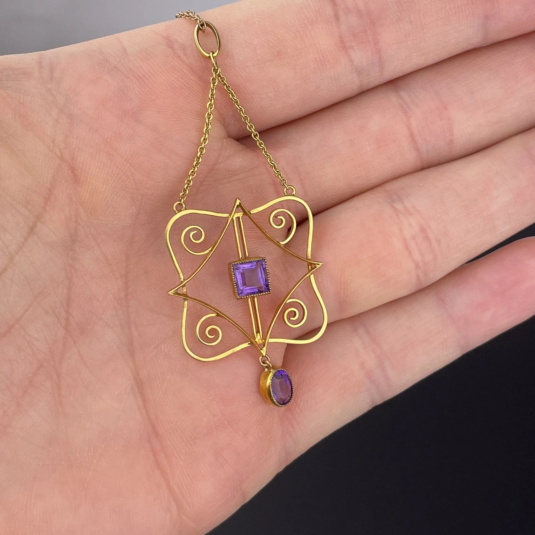 Antique Art Nouveau Gold Amethyst Lavaliere Pendant Necklace