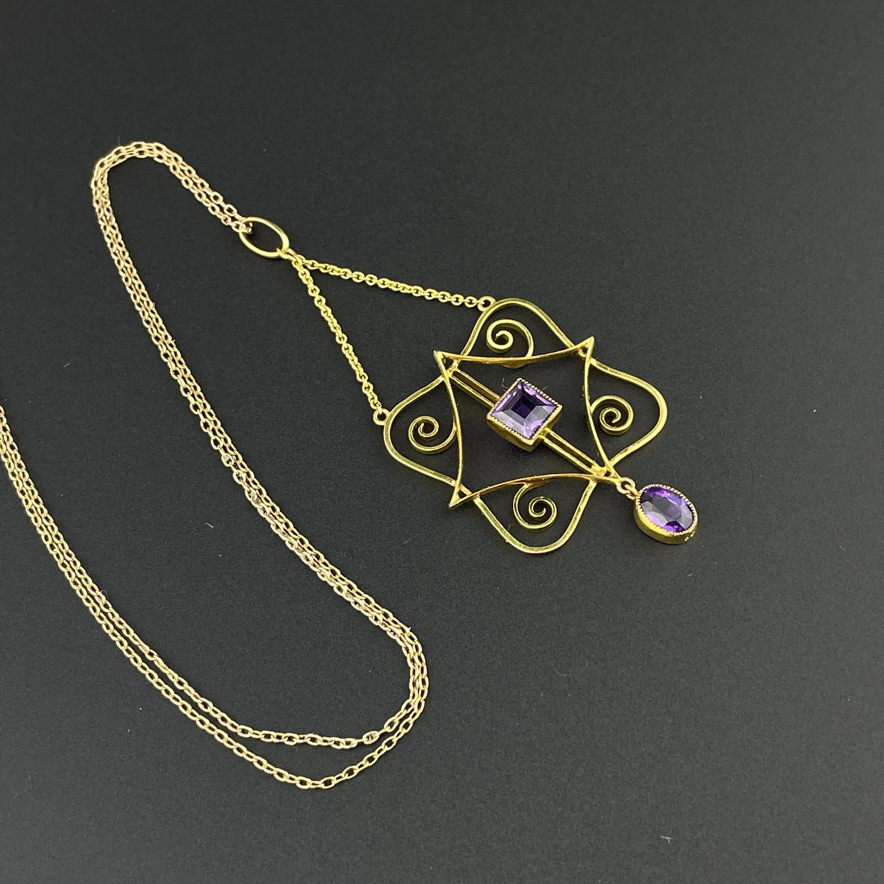 Antique Art Nouveau Gold Amethyst Lavaliere Pendant Necklace