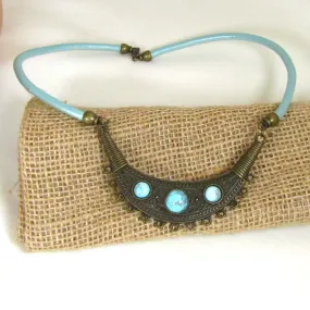 Antique Brass & Aqua Leather Necklace