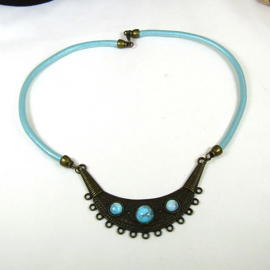 Antique Brass & Aqua Leather Necklace