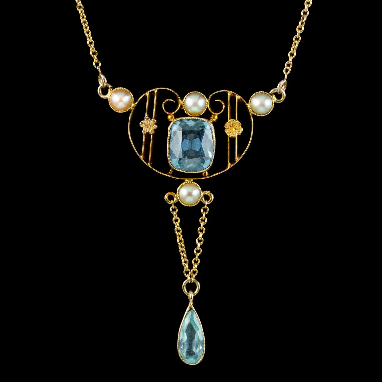 Antique Edwardian Aquamarine Pearl Lavaliere Necklace 15ct Gold