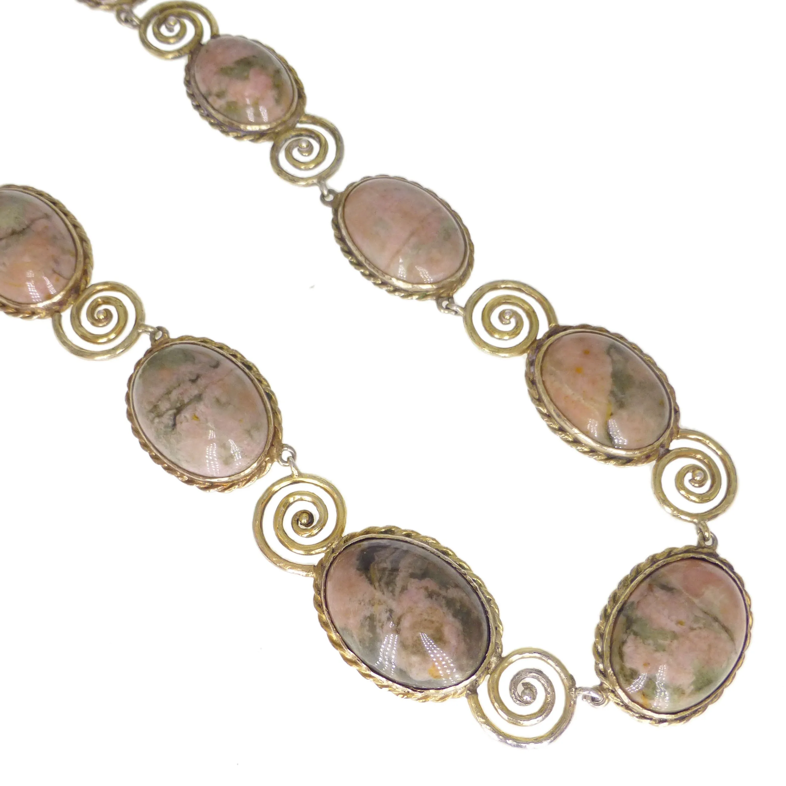 Antique German Zaun Rhodonite Swirled Silver Gilt Necklace