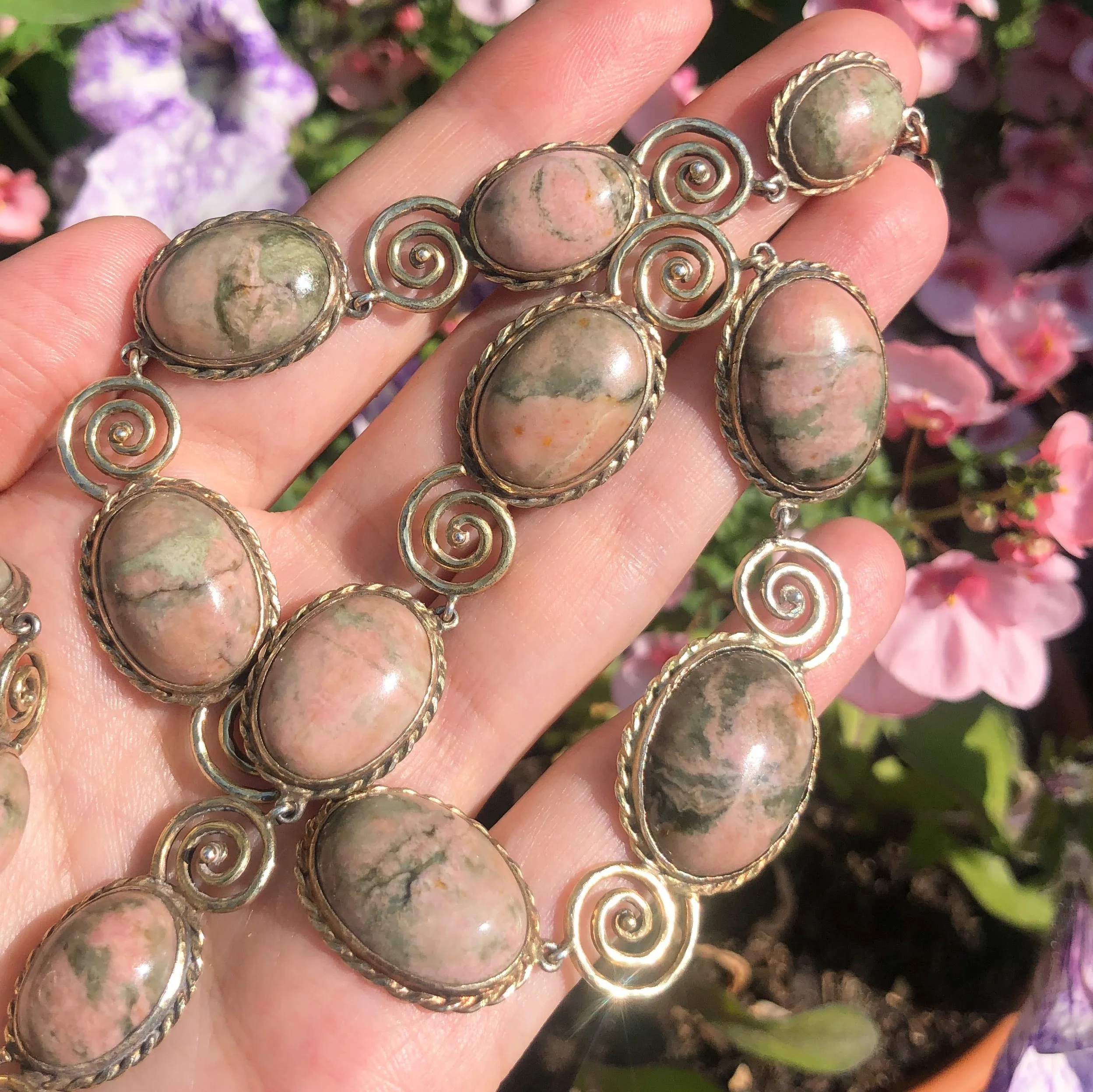 Antique German Zaun Rhodonite Swirled Silver Gilt Necklace