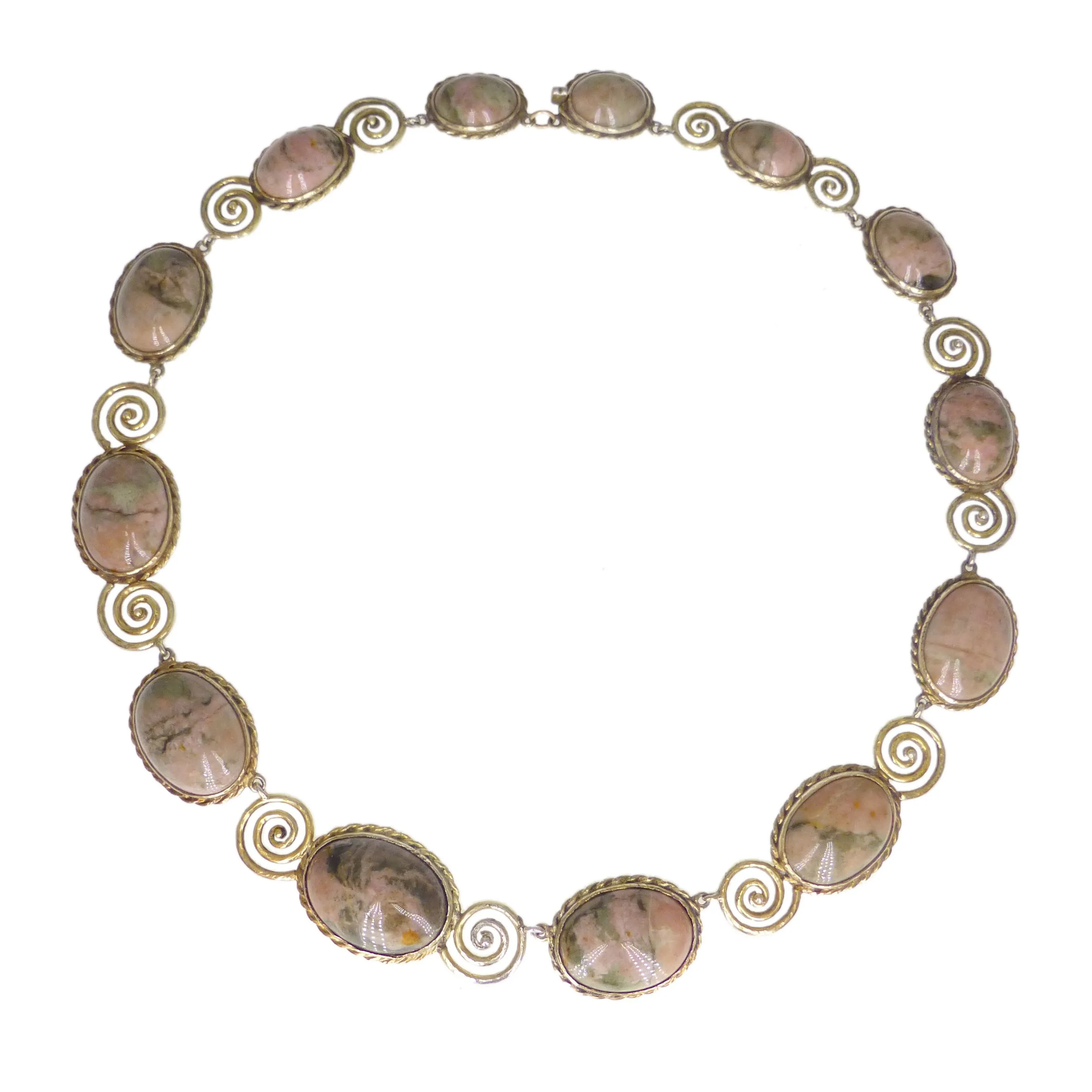 Antique German Zaun Rhodonite Swirled Silver Gilt Necklace