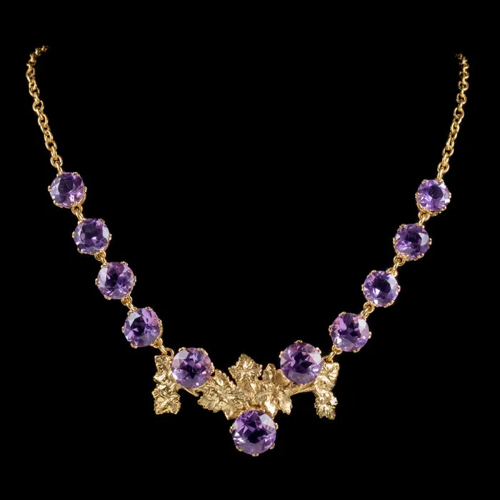 Antique Victorian Amethyst Grape Vine Necklace 18Ct Gold On Silver Circa 1900