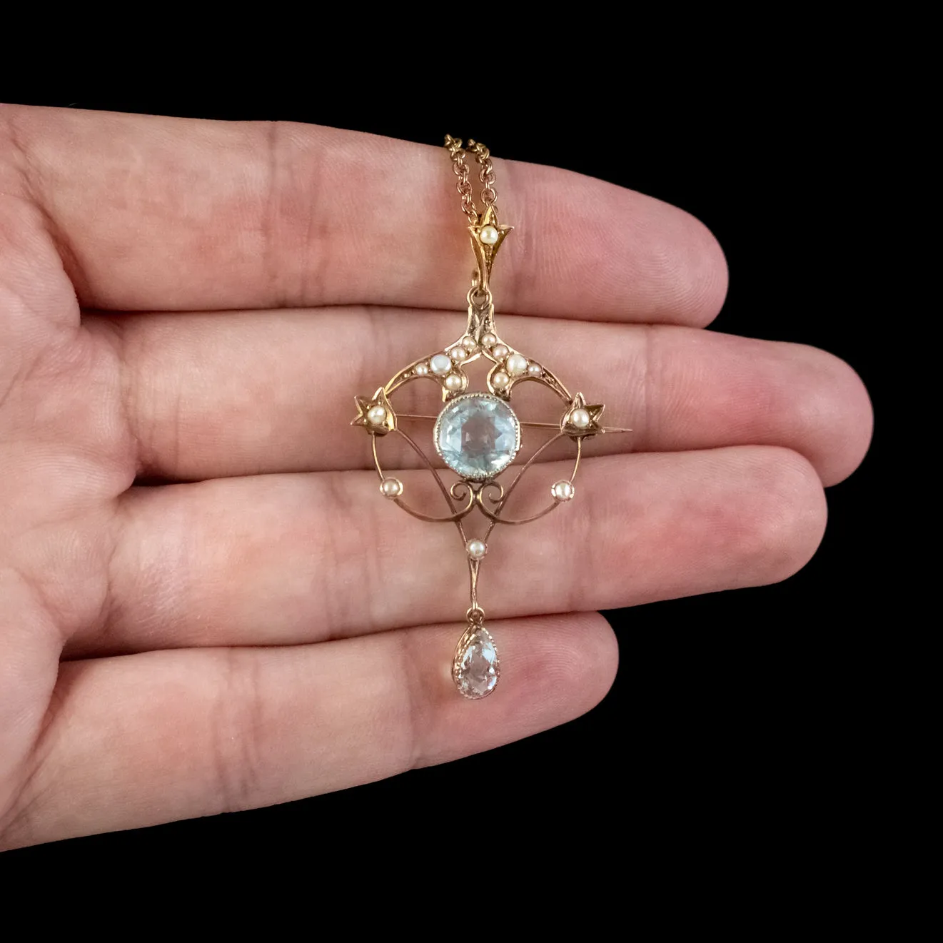 Antique Victorian Art Nouveau Aquamarine Pearl Pendant Necklace 9ct Gold Circa 1900