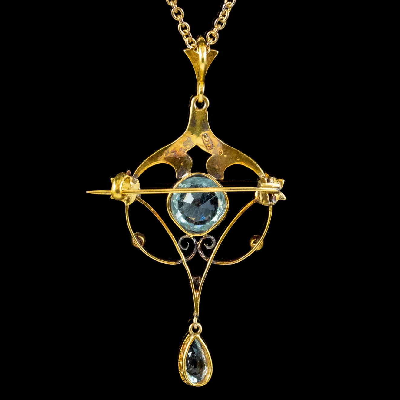 Antique Victorian Art Nouveau Aquamarine Pearl Pendant Necklace 9ct Gold Circa 1900