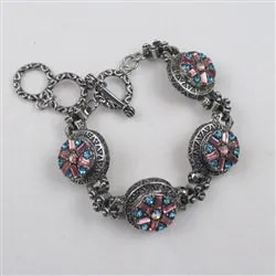 Aqua & Pink Rhinestone Silver Bangle Bracelet