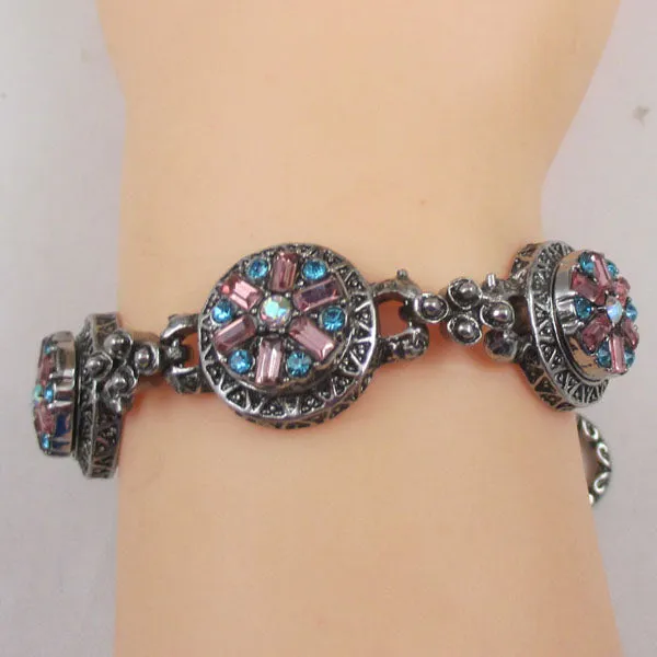 Aqua & Pink Rhinestone Silver Bangle Bracelet