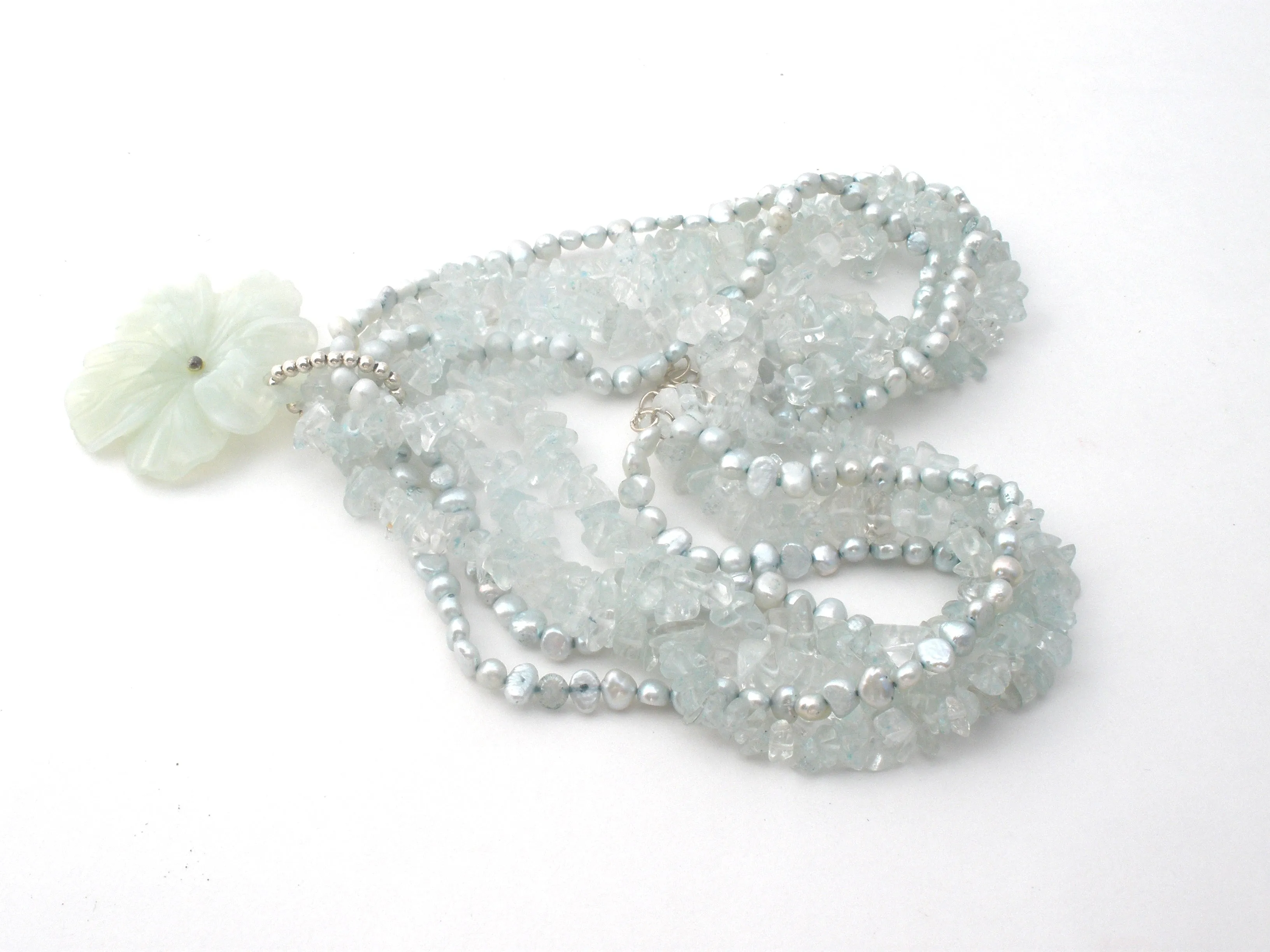 Aquamarine & Blue Pearl Flower Necklace 925