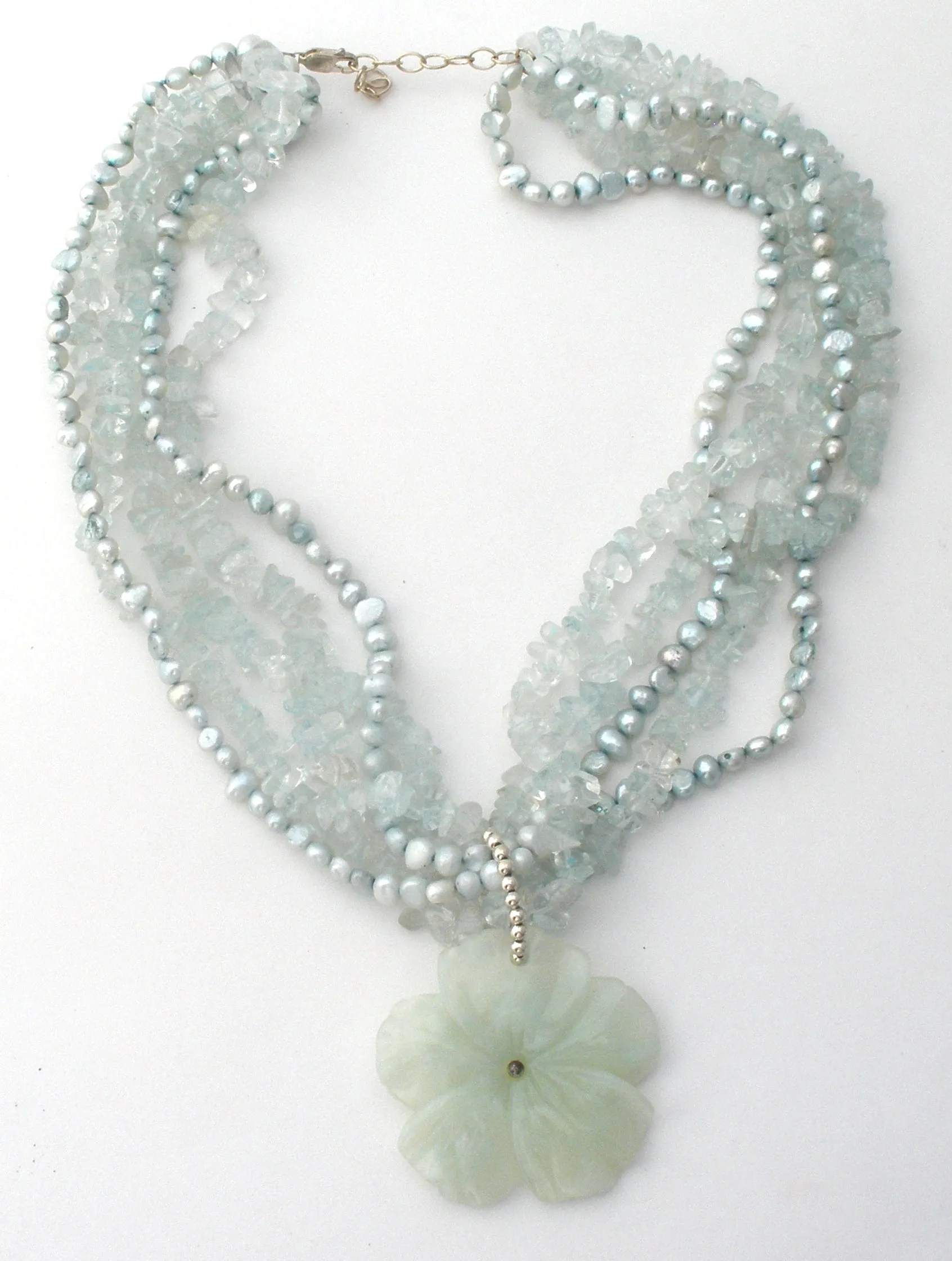 Aquamarine & Blue Pearl Flower Necklace 925