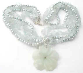 Aquamarine & Blue Pearl Flower Necklace 925