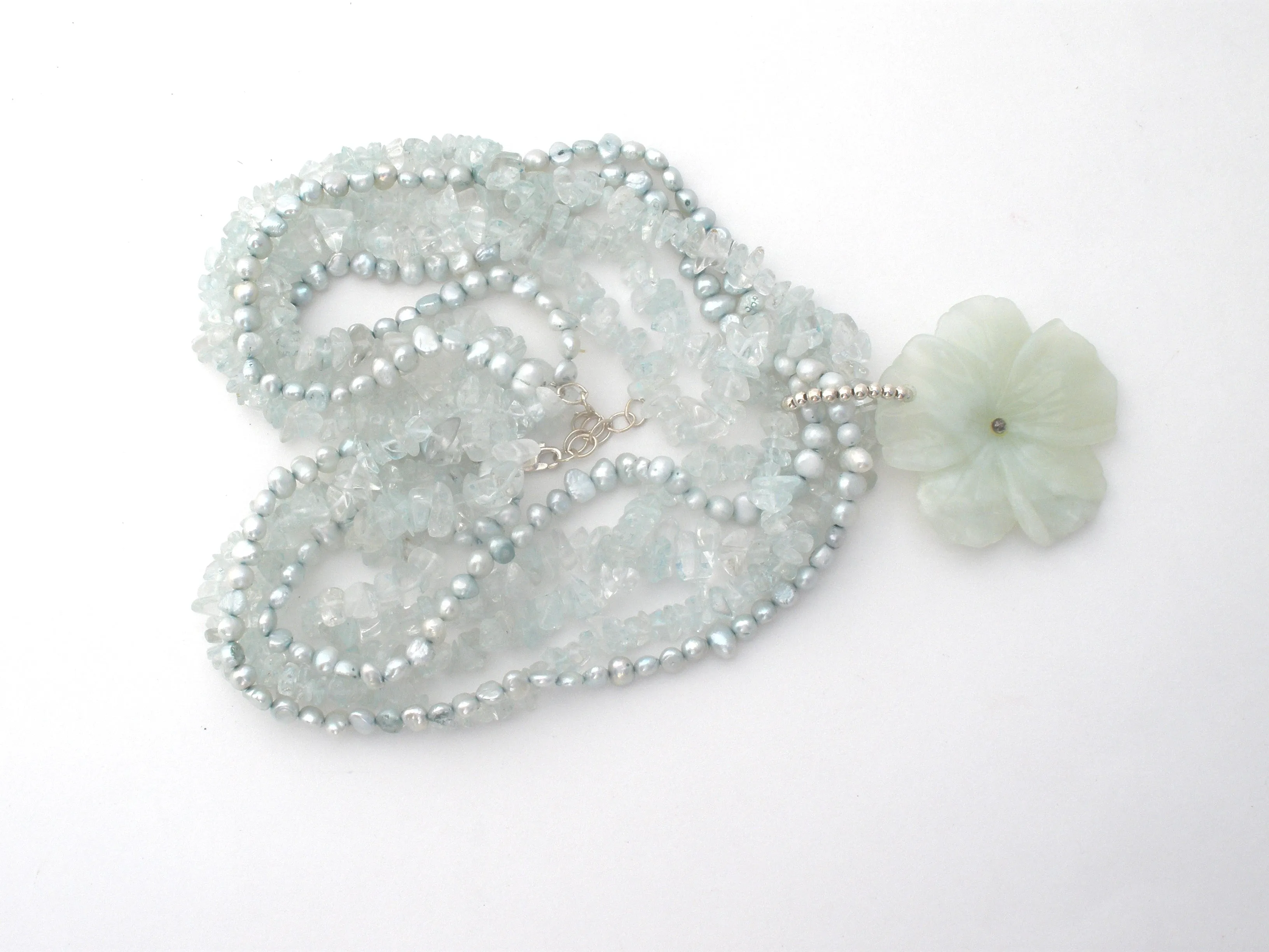 Aquamarine & Blue Pearl Flower Necklace 925