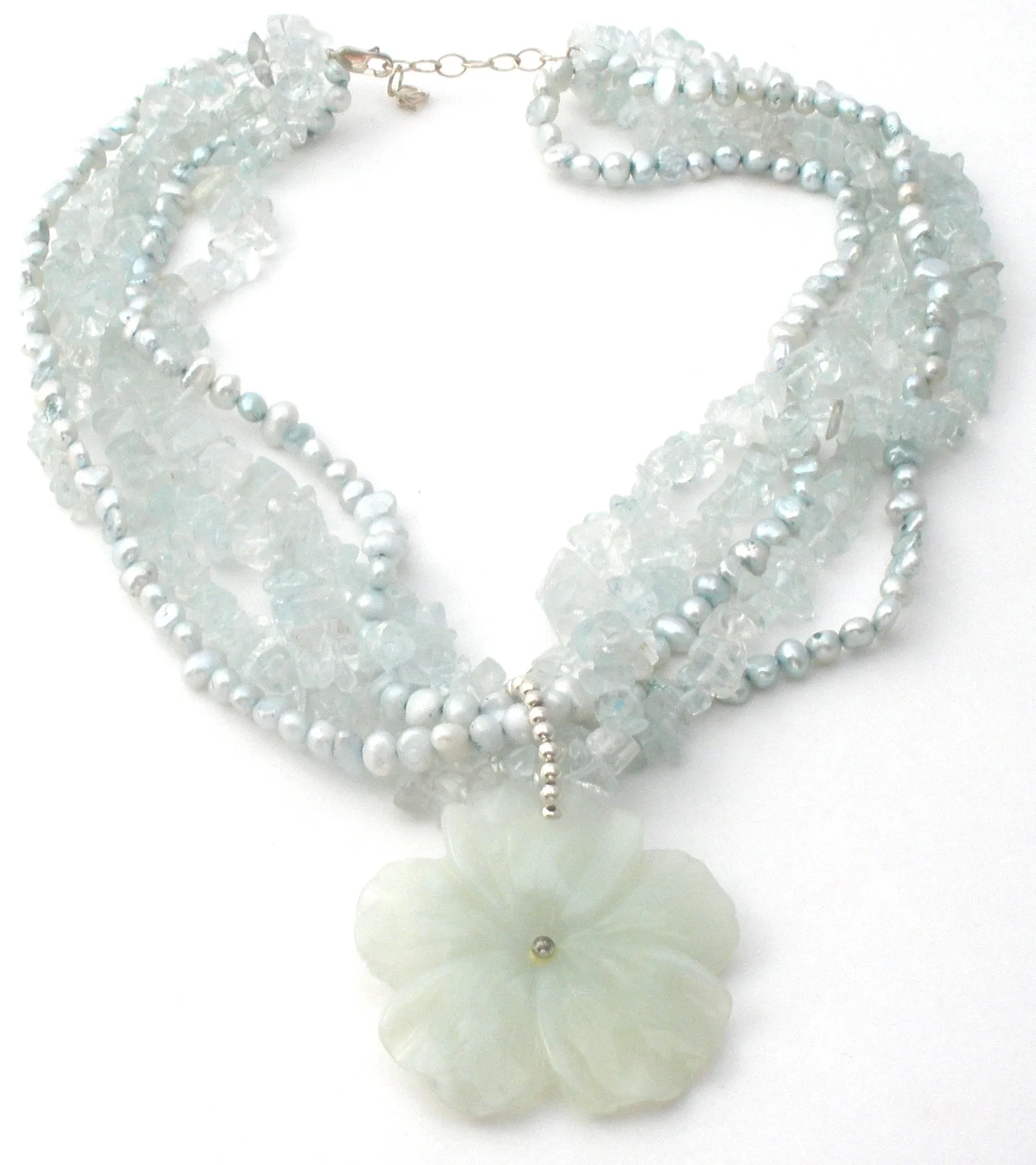 Aquamarine & Blue Pearl Flower Necklace 925