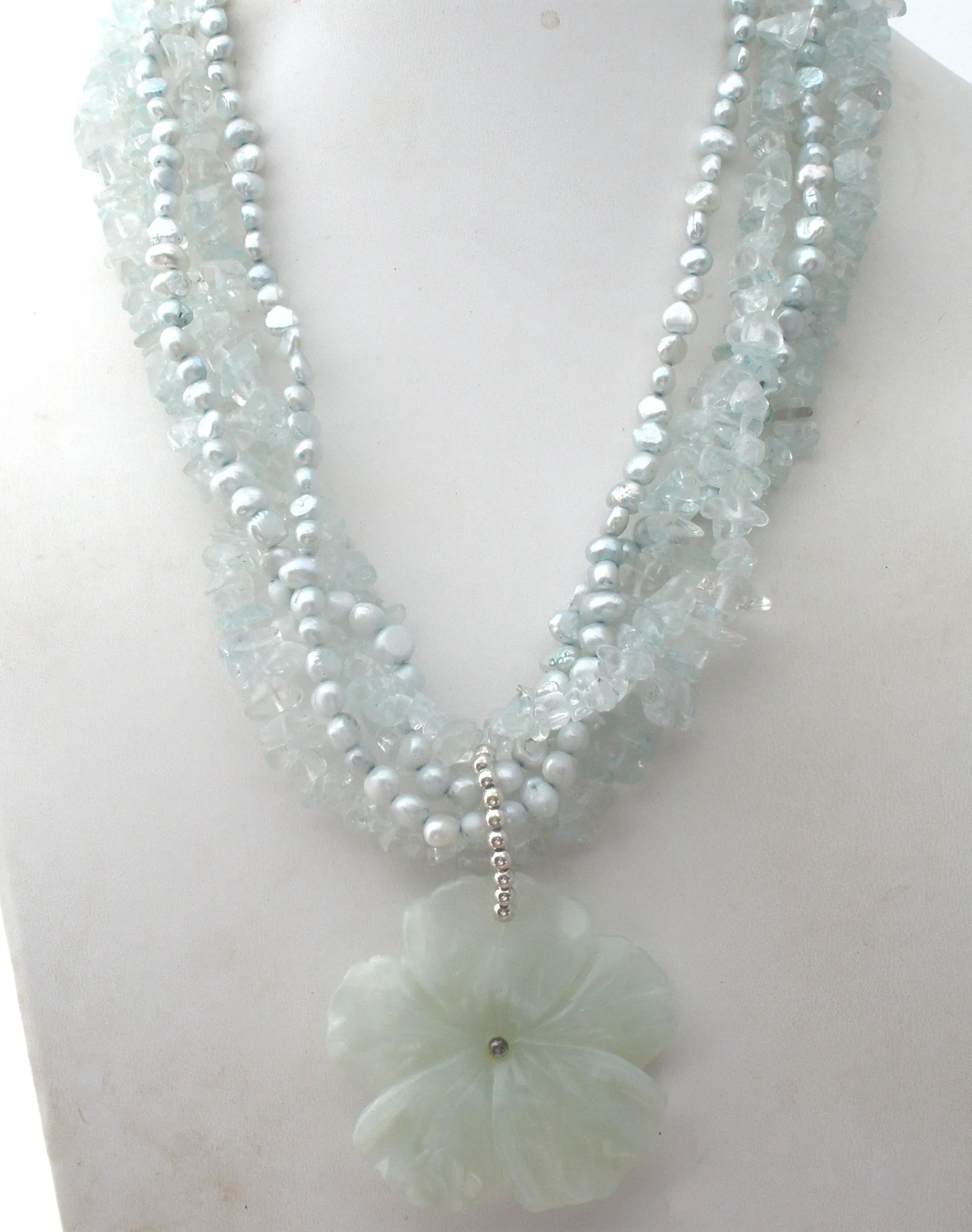 Aquamarine & Blue Pearl Flower Necklace 925