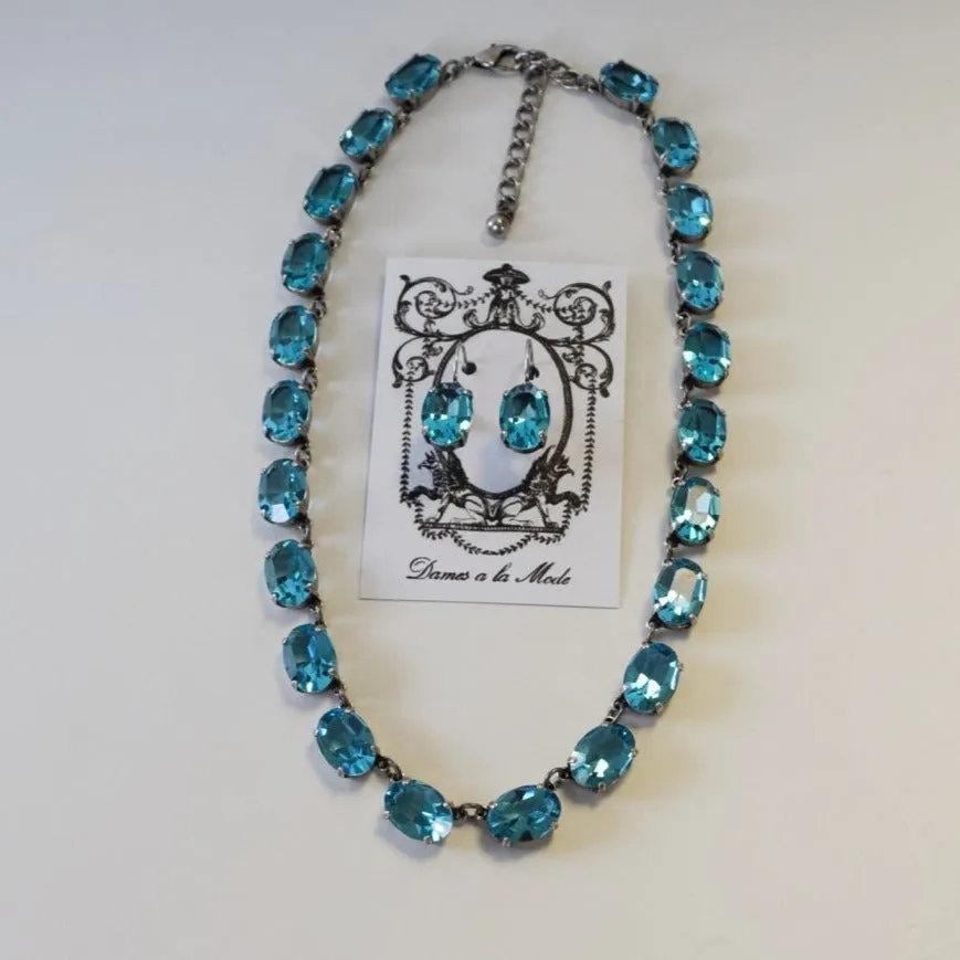 Aquamarine Blue Swarovski Crystal Necklace - Medium Oval Unfoiled