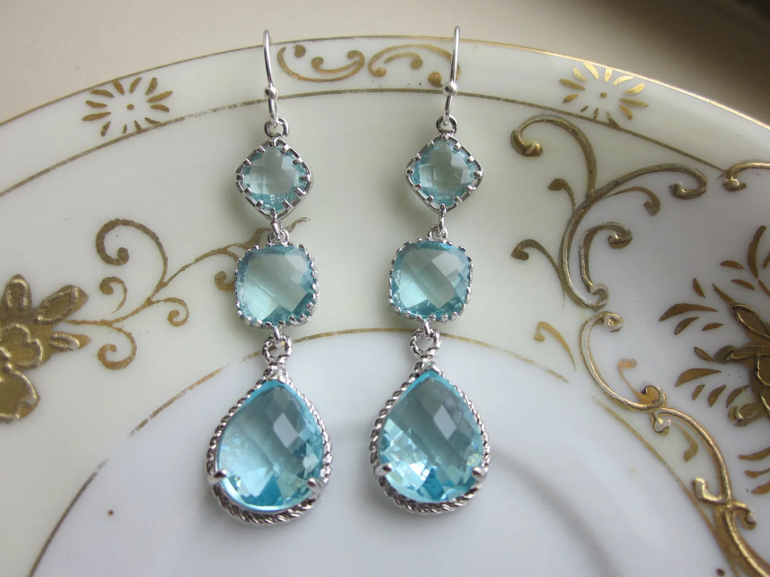 Aquamarine Earrings Silver Aqua Blue - 3 tier Sterling Silver - Bridesmaid Earrings - Wedding Earrings - Valentines Day Gift - Gift under 50