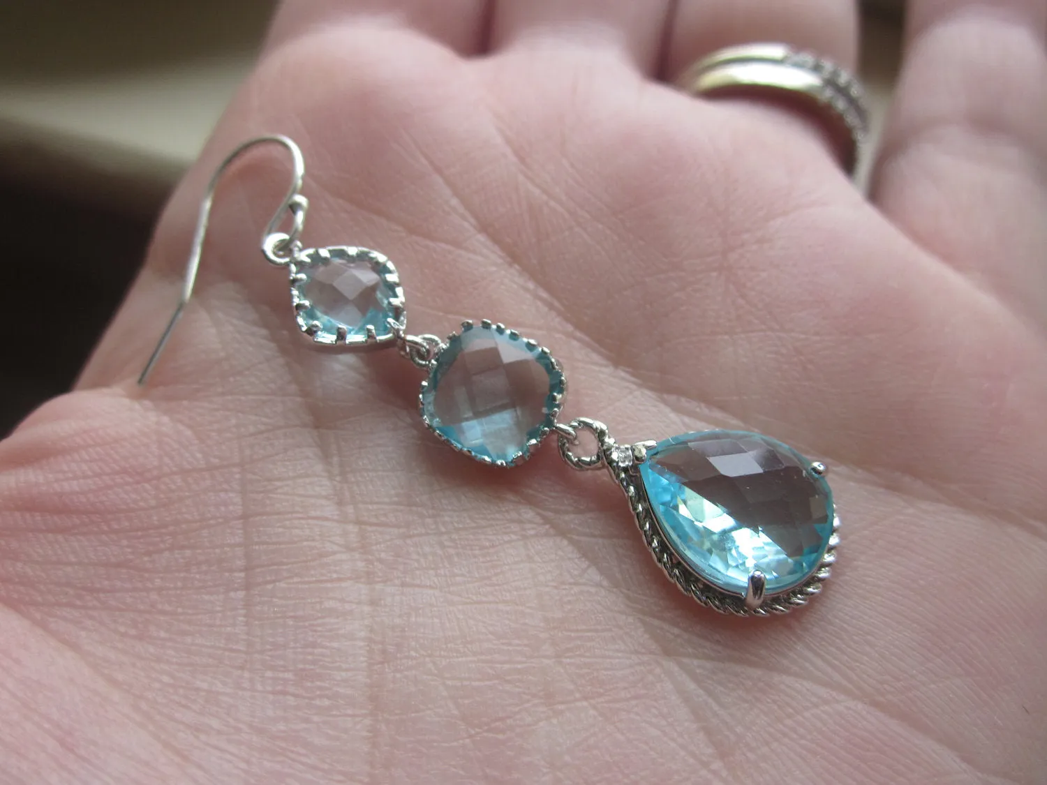 Aquamarine Earrings Silver Aqua Blue - 3 tier Sterling Silver - Bridesmaid Earrings - Wedding Earrings - Valentines Day Gift - Gift under 50