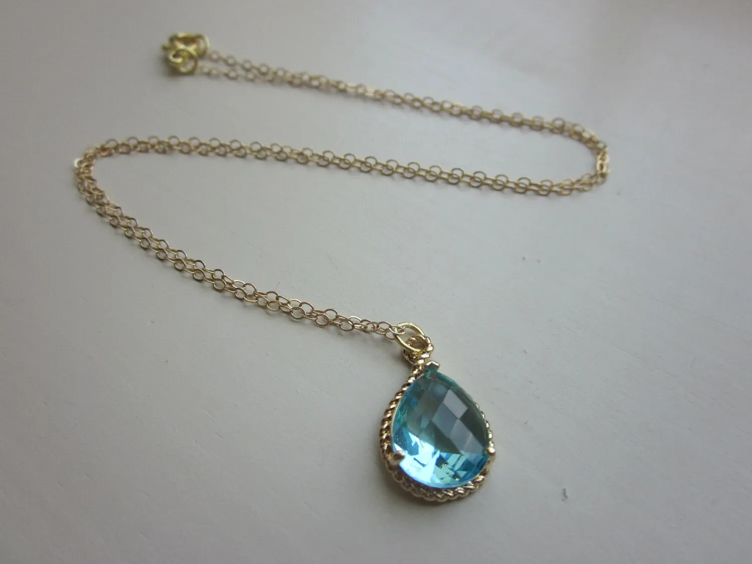 Aquamarine Necklace Gold Aqua Blue Teardrop - 14k Gold Filled Chain - Bridesmaid Jewelry - Wedding Jewelry - Valentines Day Gift