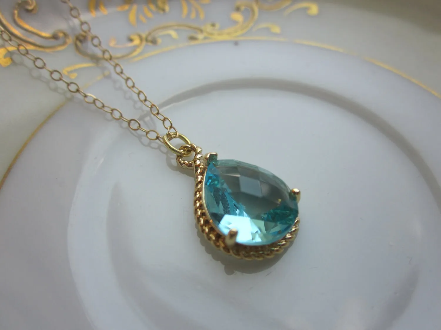 Aquamarine Necklace Gold Aqua Blue Teardrop - 14k Gold Filled Chain - Bridesmaid Jewelry - Wedding Jewelry - Valentines Day Gift