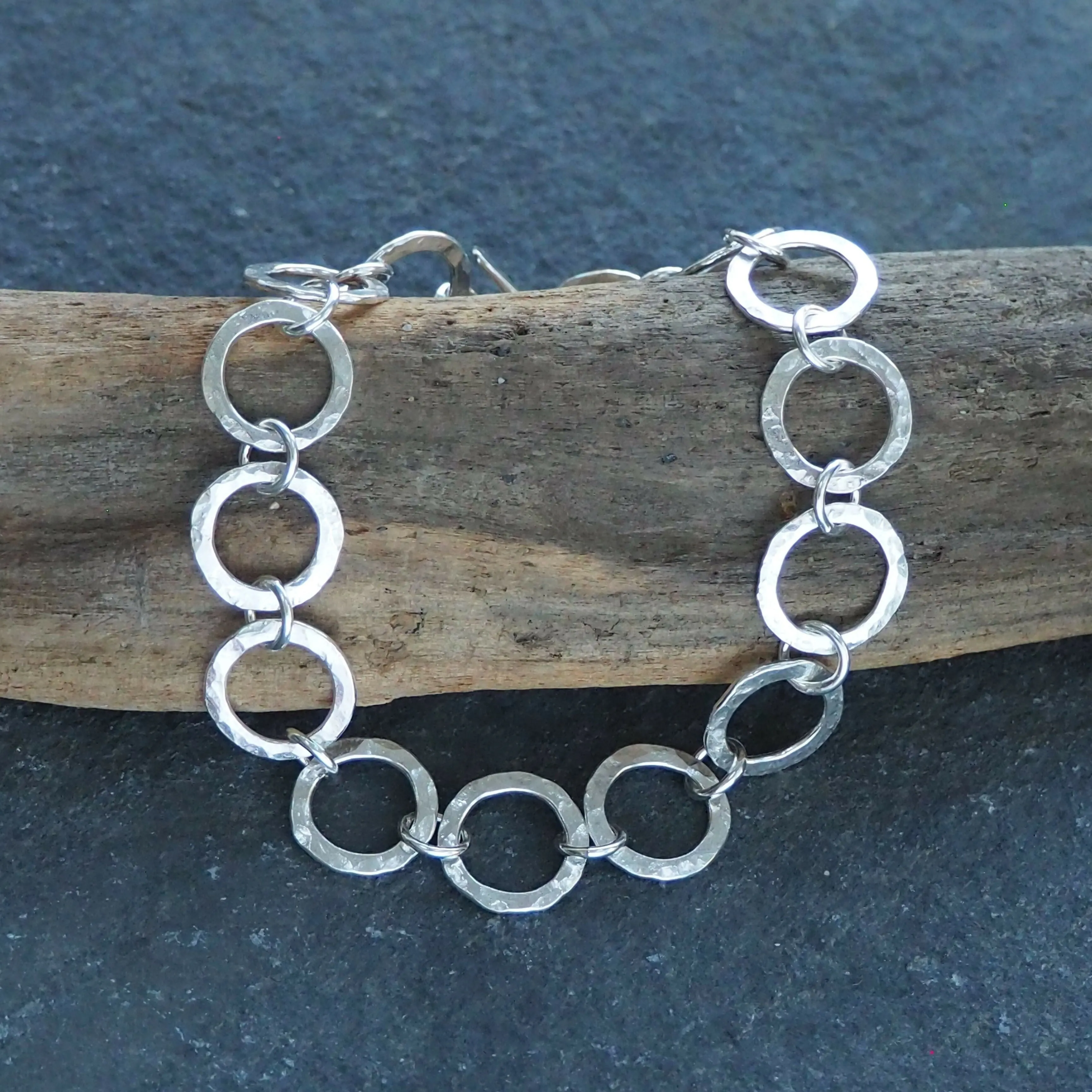 Argentium Silver Round Link Hallmarked Bracelet - Hammered Silver