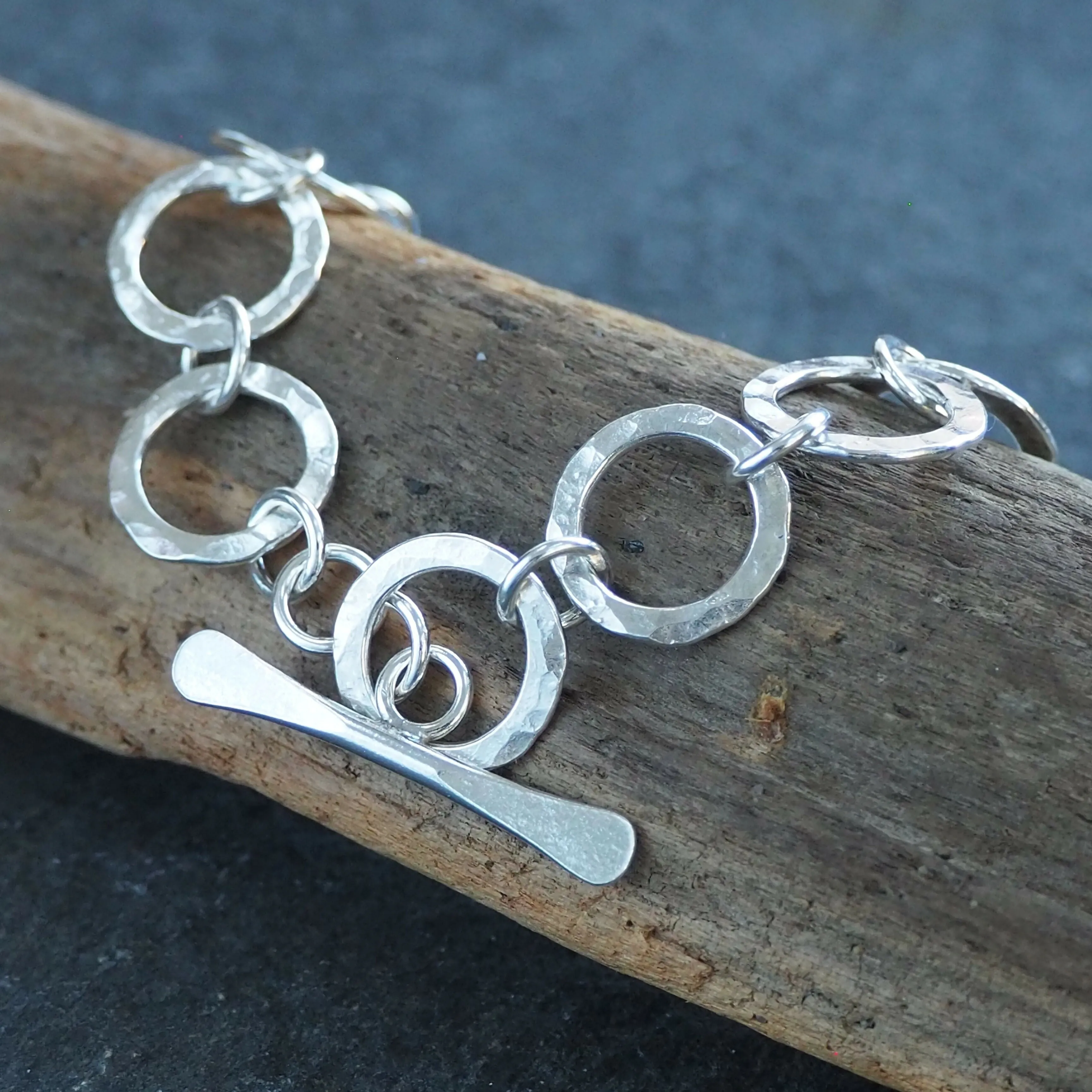 Argentium Silver Round Link Hallmarked Bracelet - Hammered Silver