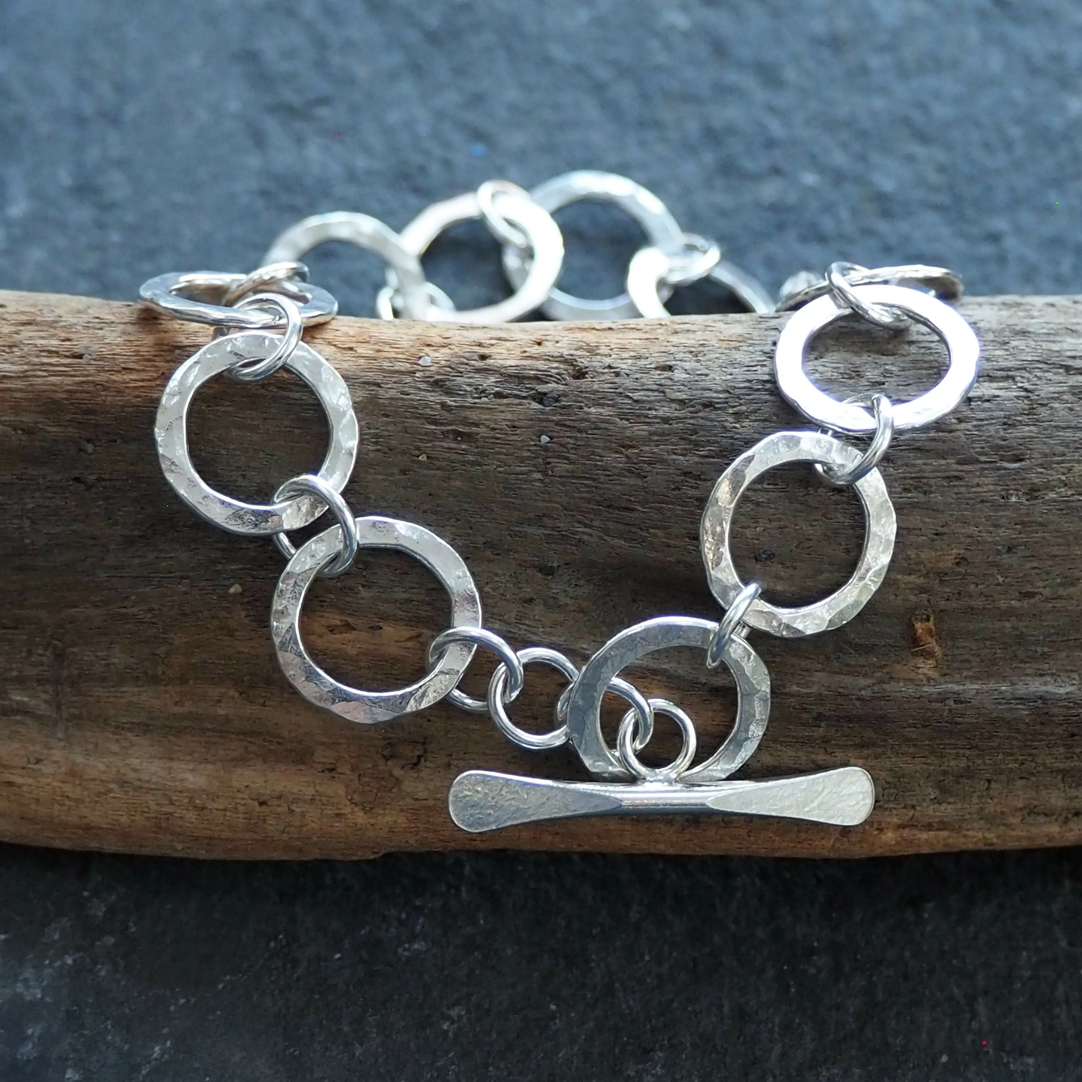 Argentium Silver Round Link Hallmarked Bracelet - Hammered Silver