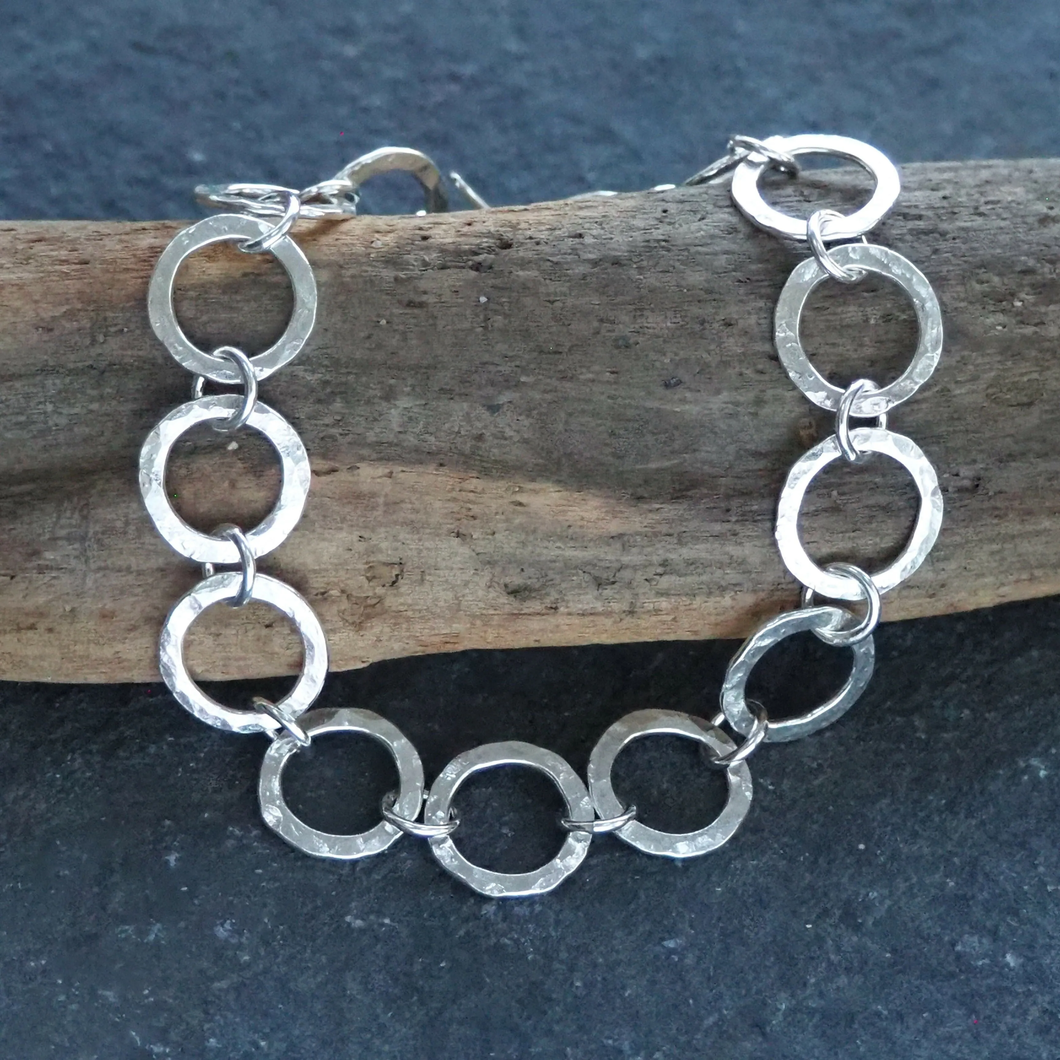 Argentium Silver Round Link Hallmarked Bracelet - Hammered Silver