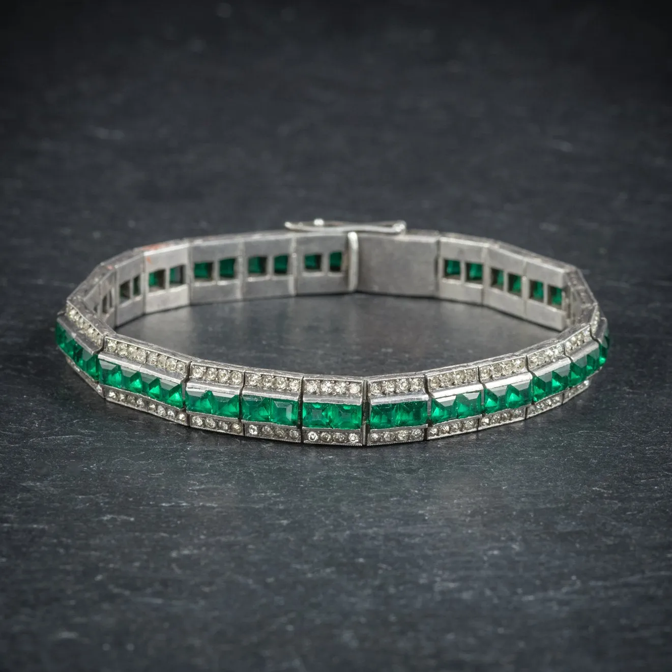 Art Deco French Silver Bracelet White Green Paste Stones Circa 1920