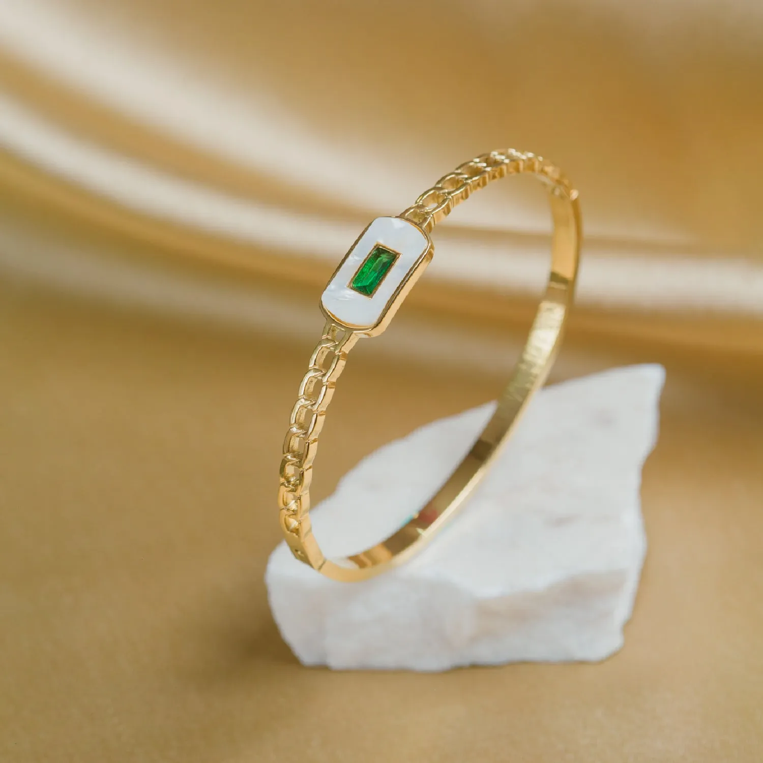 Artklim Gold Plated Emerald MOP Bangle Bracelet