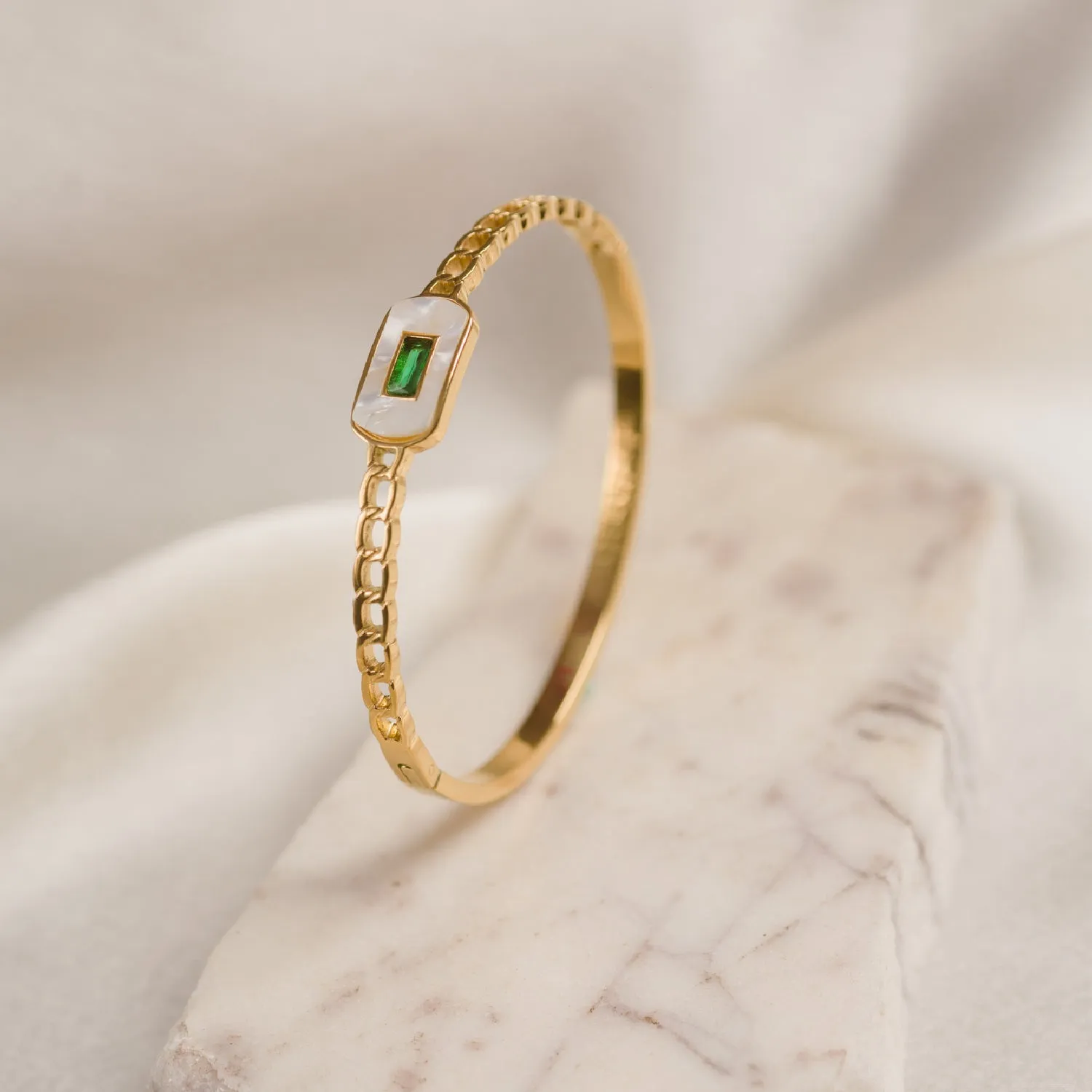 Artklim Gold Plated Emerald MOP Bangle Bracelet