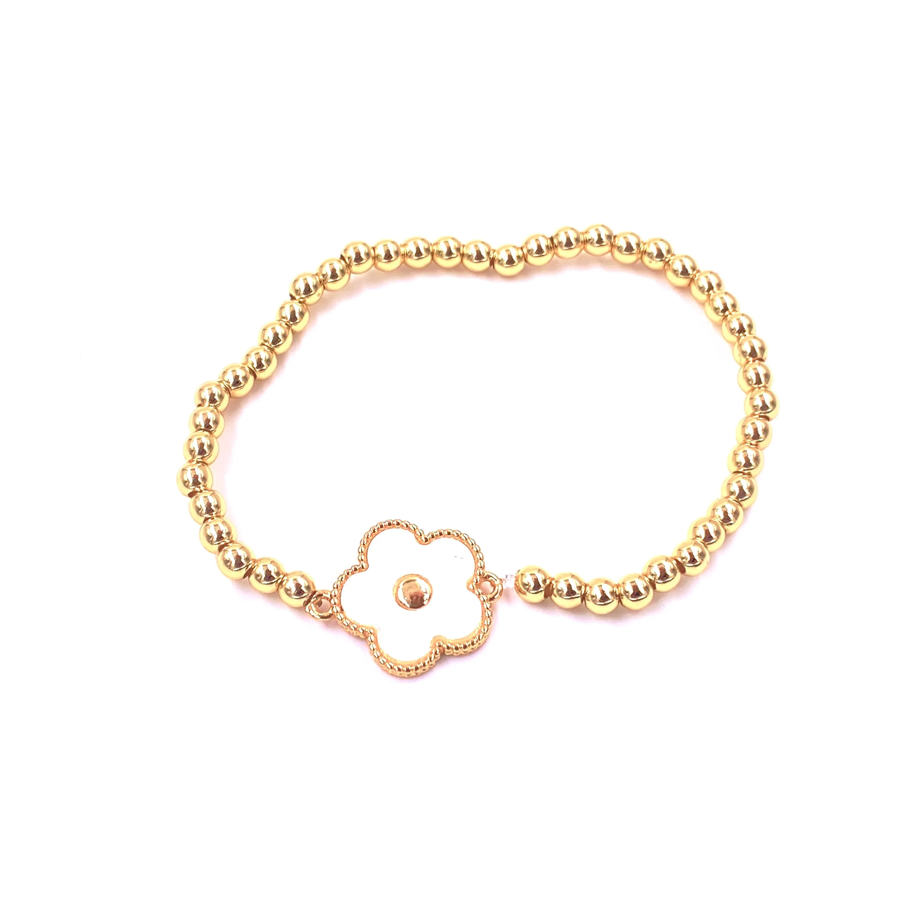 Ashley Gold Stainless Steel Gold Plated Flower Enamel Stretch Ball Beaded Bracelet