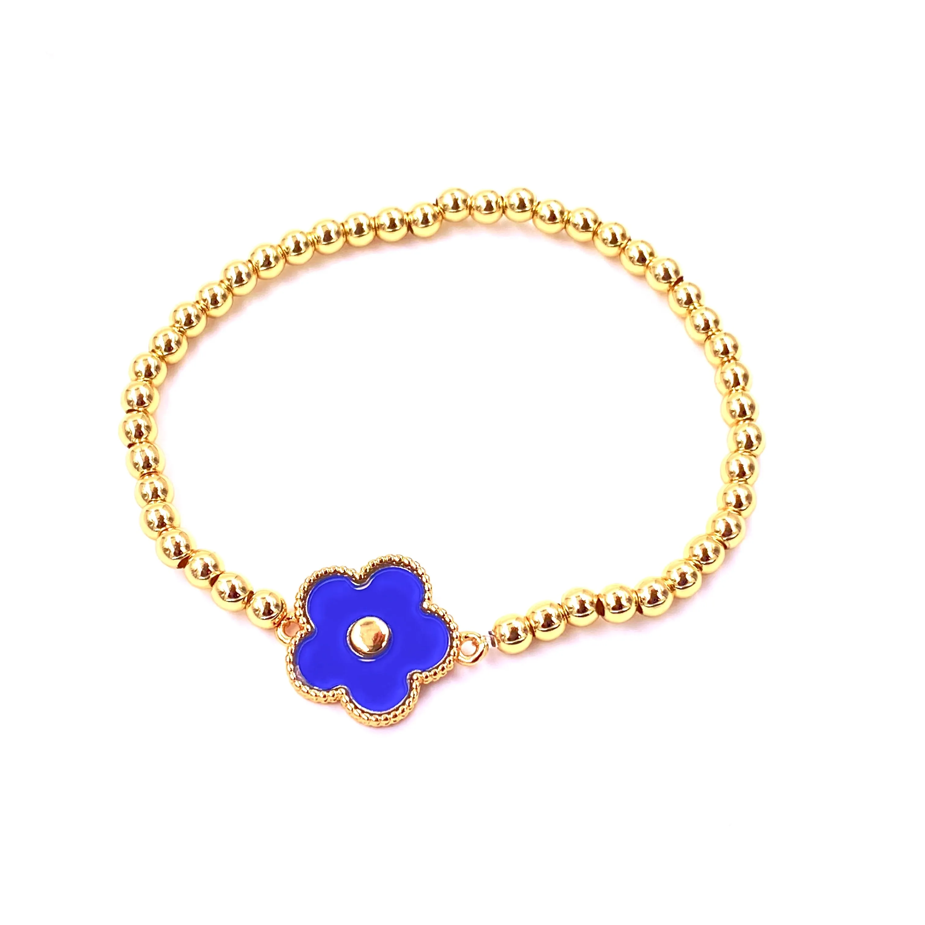 Ashley Gold Stainless Steel Gold Plated Flower Enamel Stretch Ball Beaded Bracelet