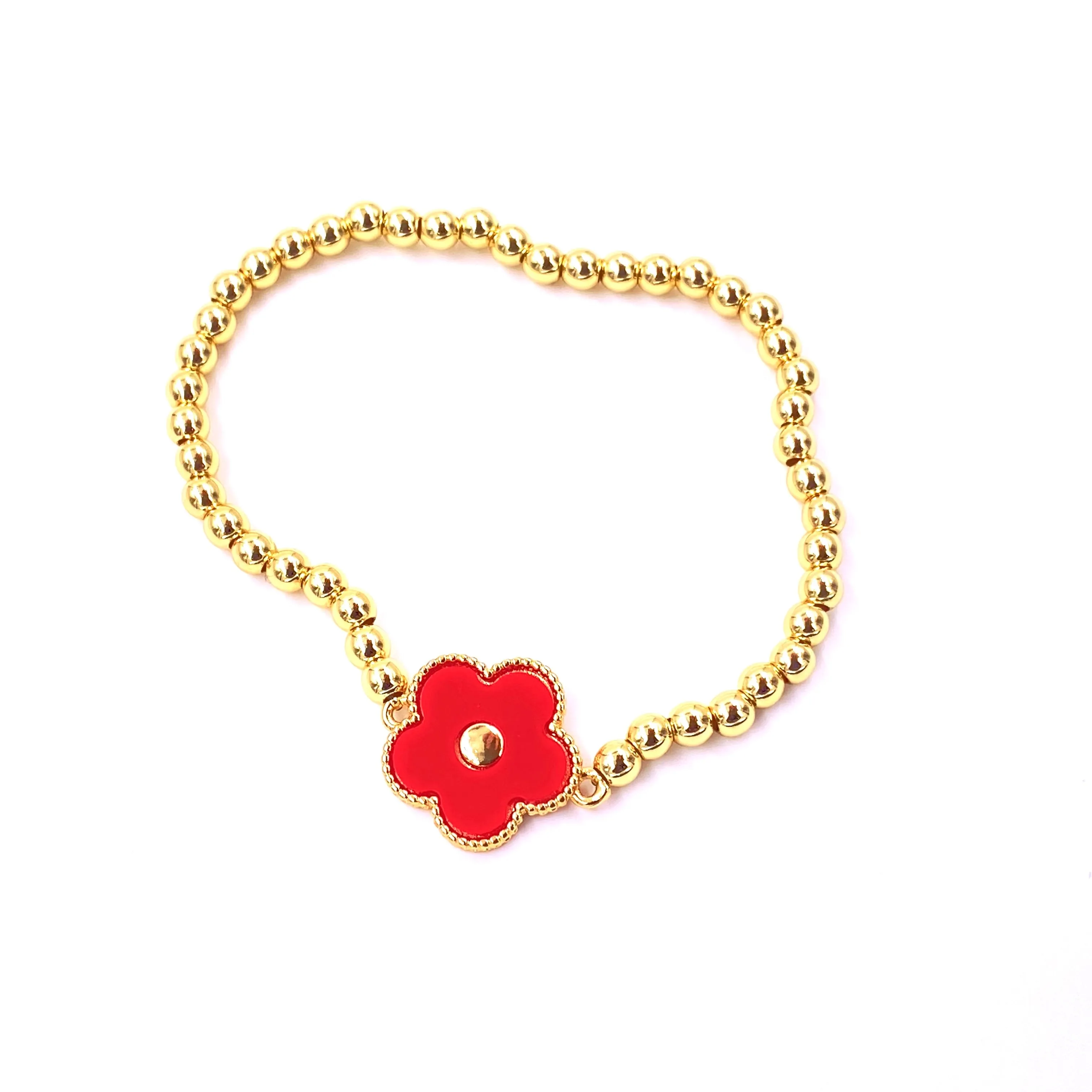 Ashley Gold Stainless Steel Gold Plated Flower Enamel Stretch Ball Beaded Bracelet