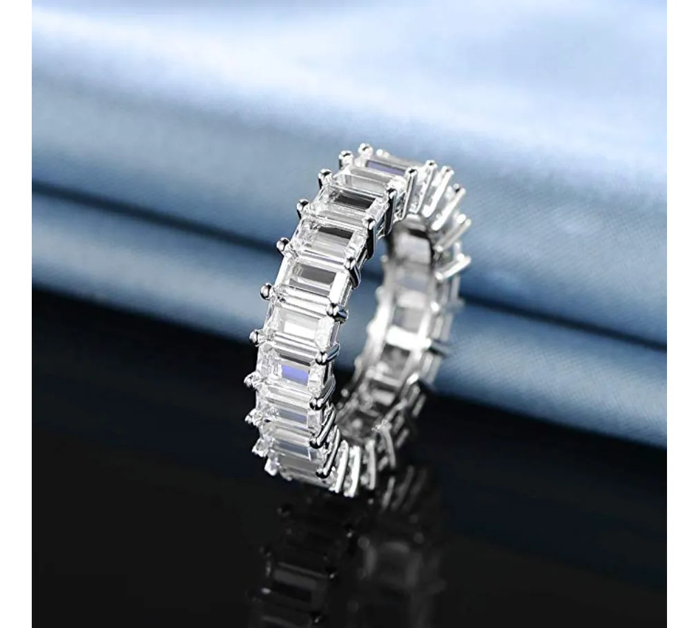 Baguette Ring Emerald Simulated Diamond Ring Hip Hop Iced Out Jewelry Prong Set Gold SIlver Color