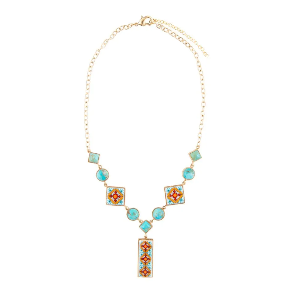 Barse Talavera Tile and Blue Turquoise Golden Y-Neck