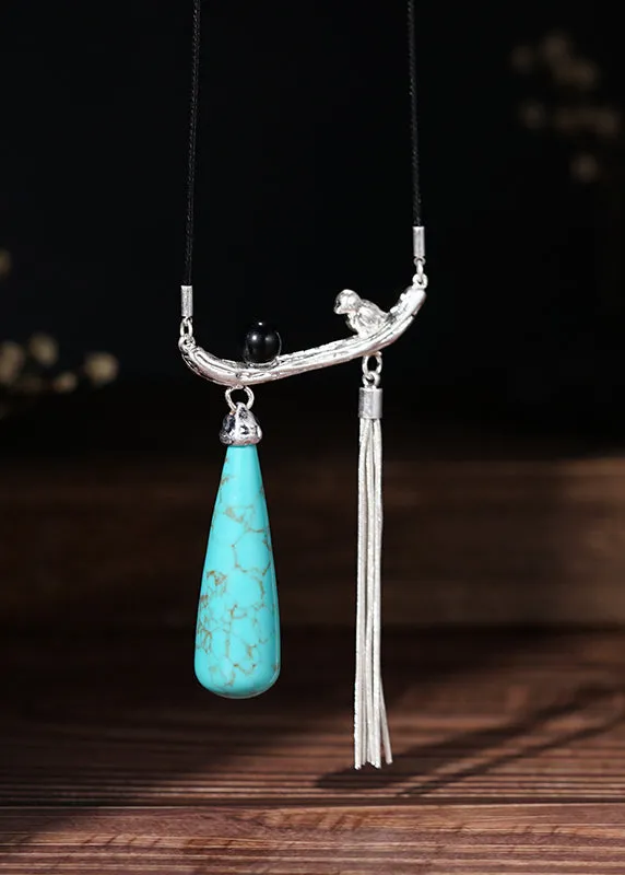 Beautiful Silk Copper Turquoise Black Agate Magpie Pendant Necklace