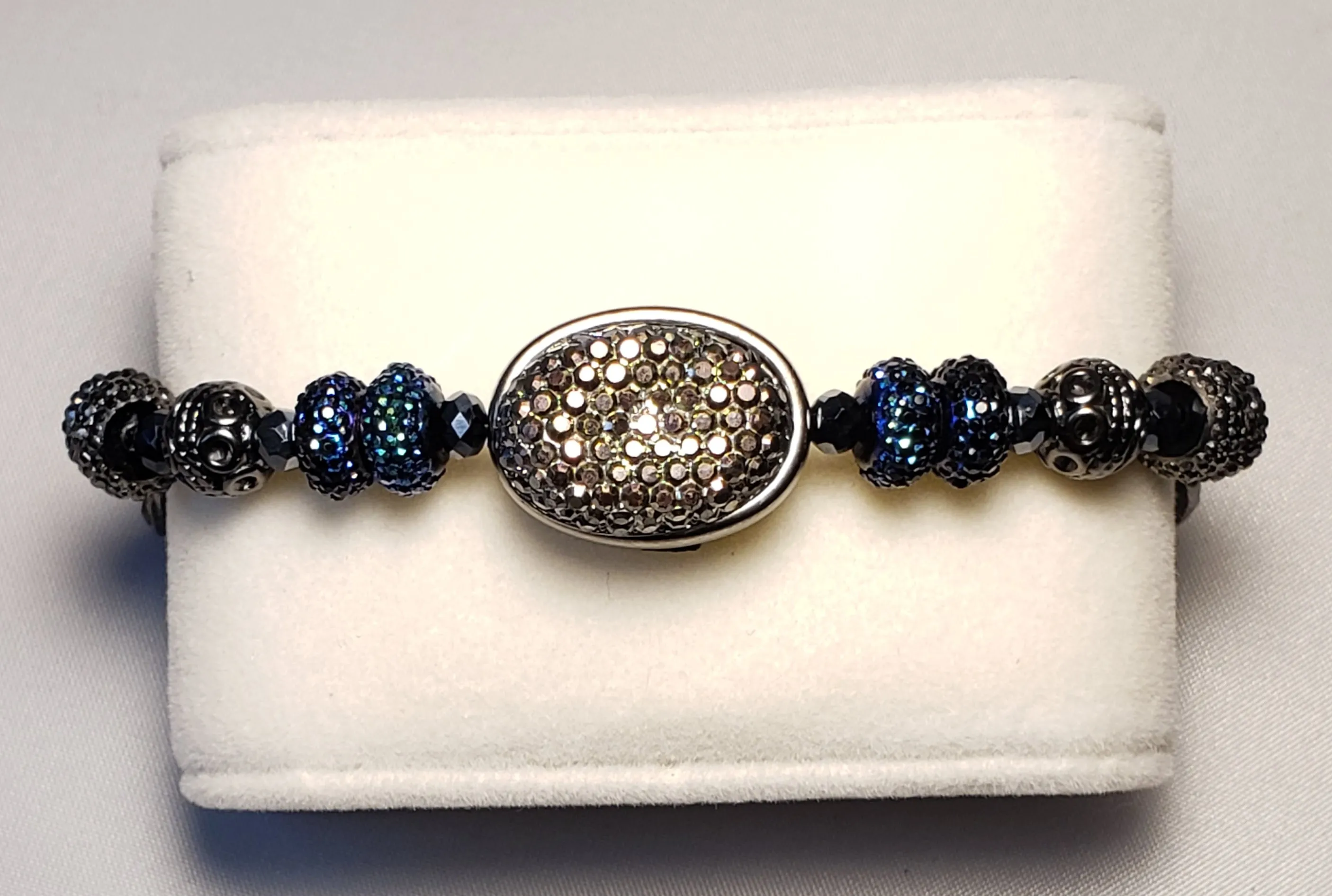 Black & Blue Austrian Crystal & Sterling Silver on Stainless Steel Bolo Style Bracelet, Adjustable