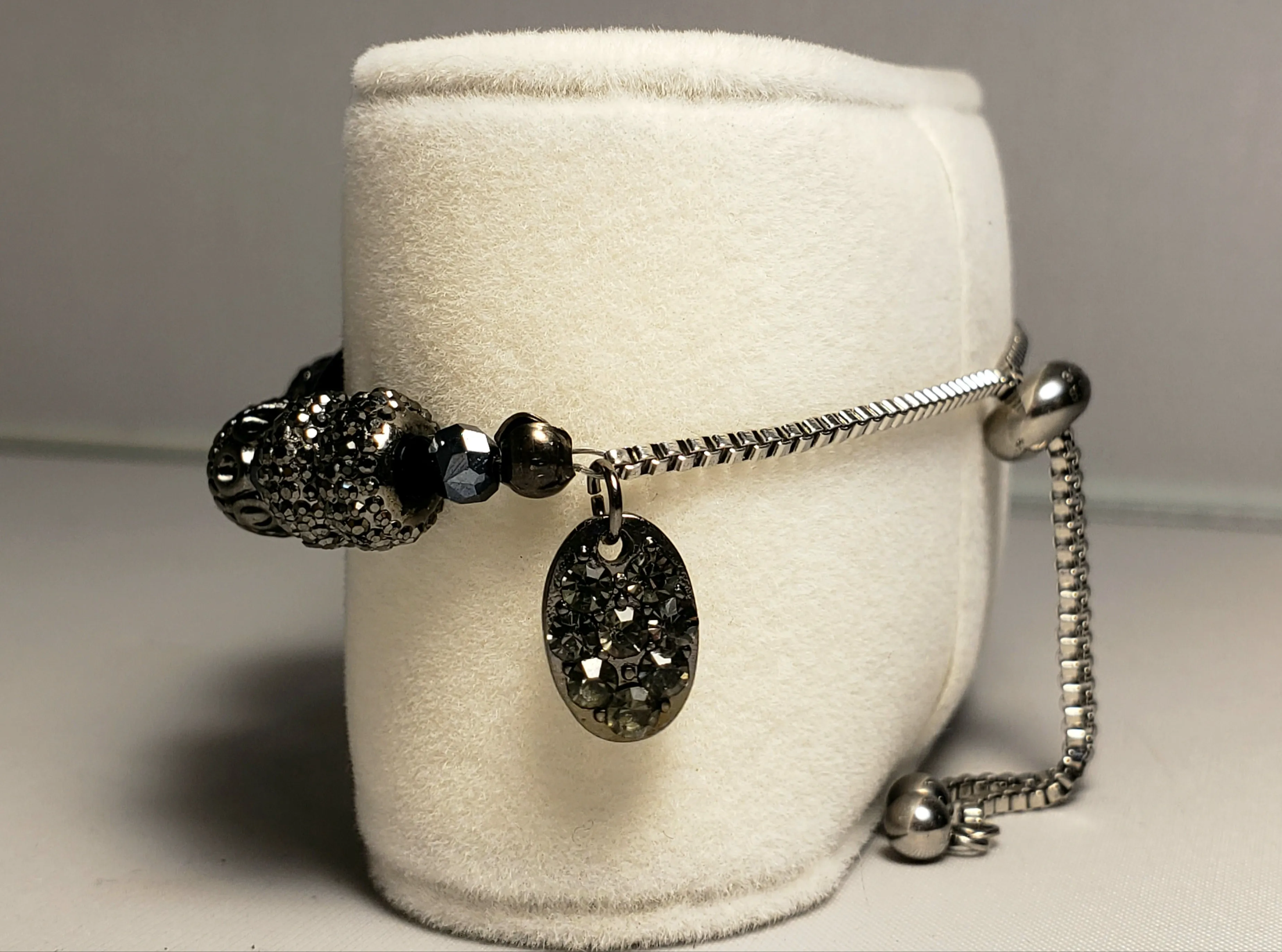 Black & Blue Austrian Crystal & Sterling Silver on Stainless Steel Bolo Style Bracelet, Adjustable