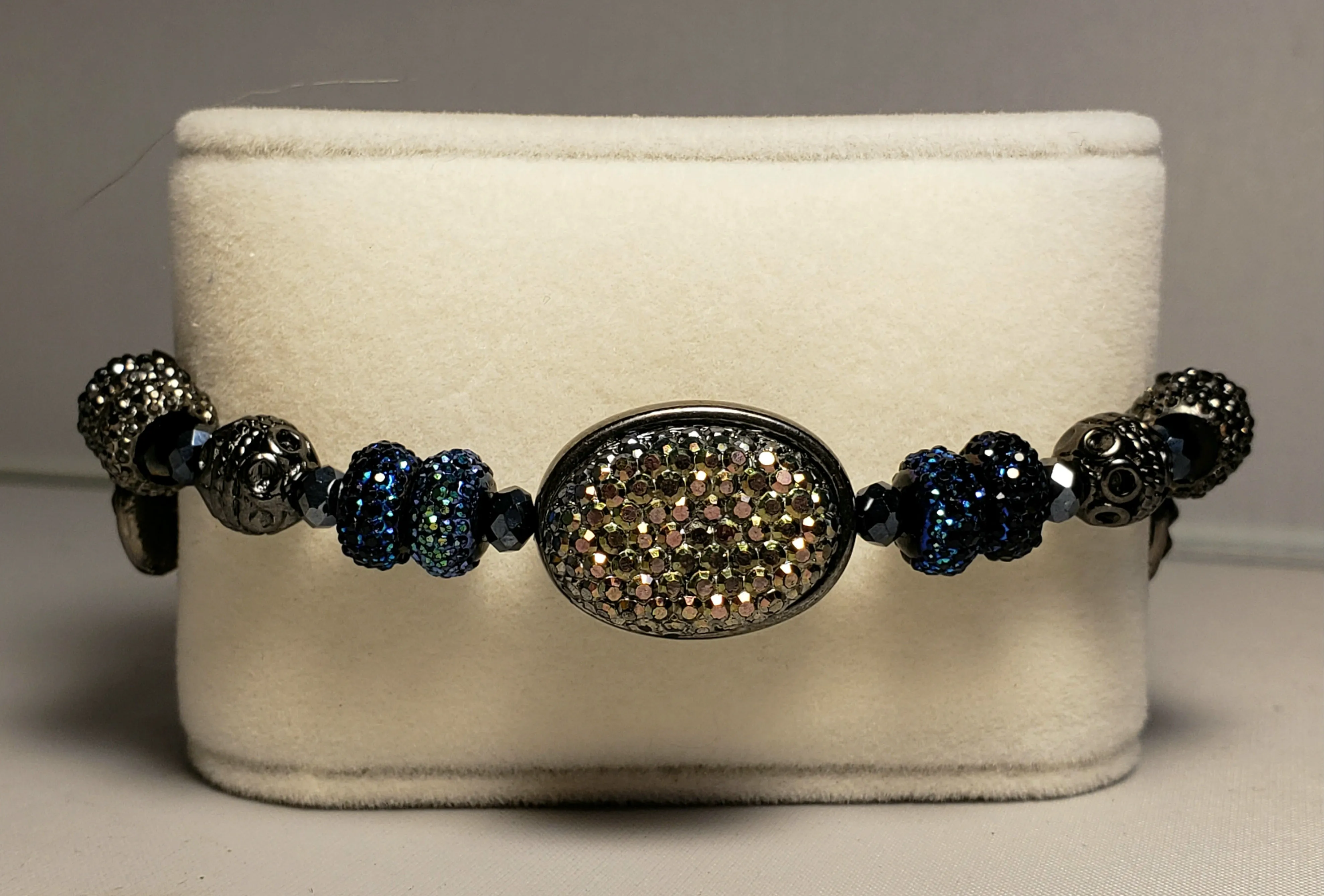 Black & Blue Austrian Crystal & Sterling Silver on Stainless Steel Bolo Style Bracelet, Adjustable