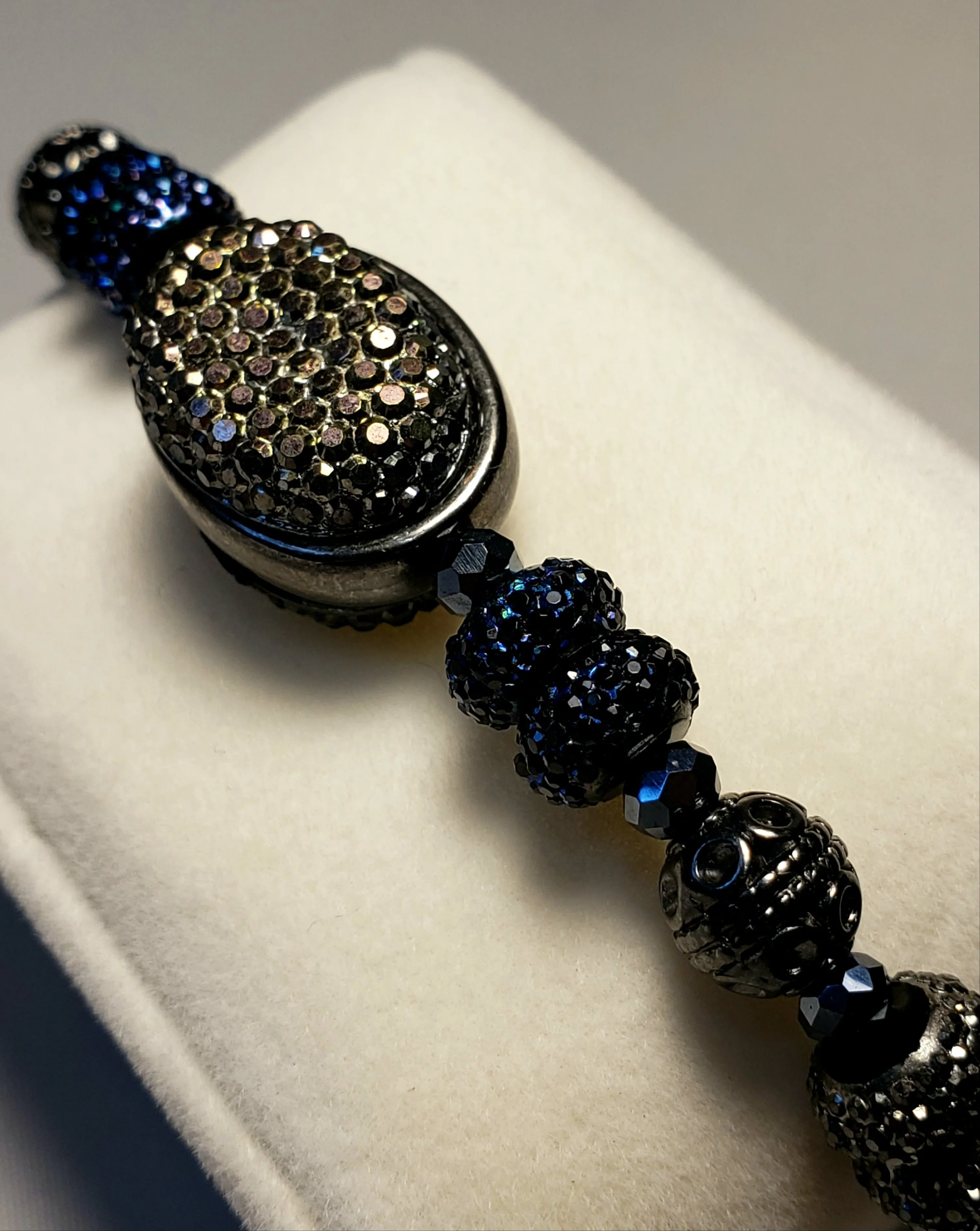 Black & Blue Austrian Crystal & Sterling Silver on Stainless Steel Bolo Style Bracelet, Adjustable