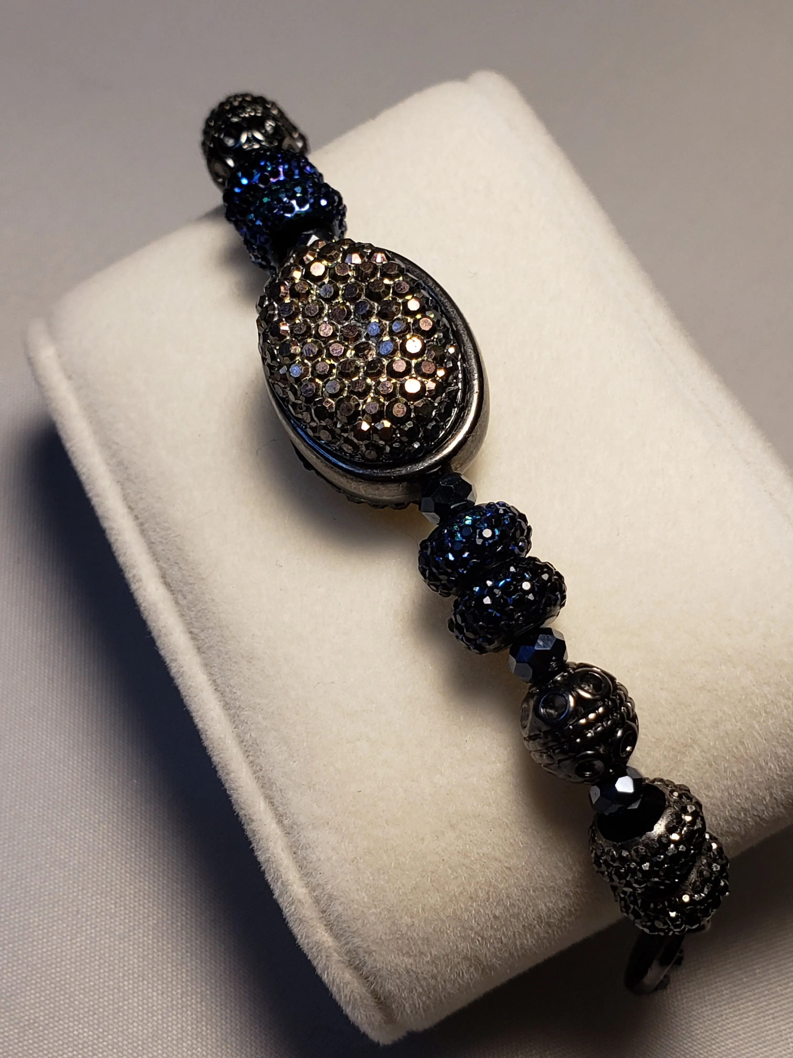 Black & Blue Austrian Crystal & Sterling Silver on Stainless Steel Bolo Style Bracelet, Adjustable