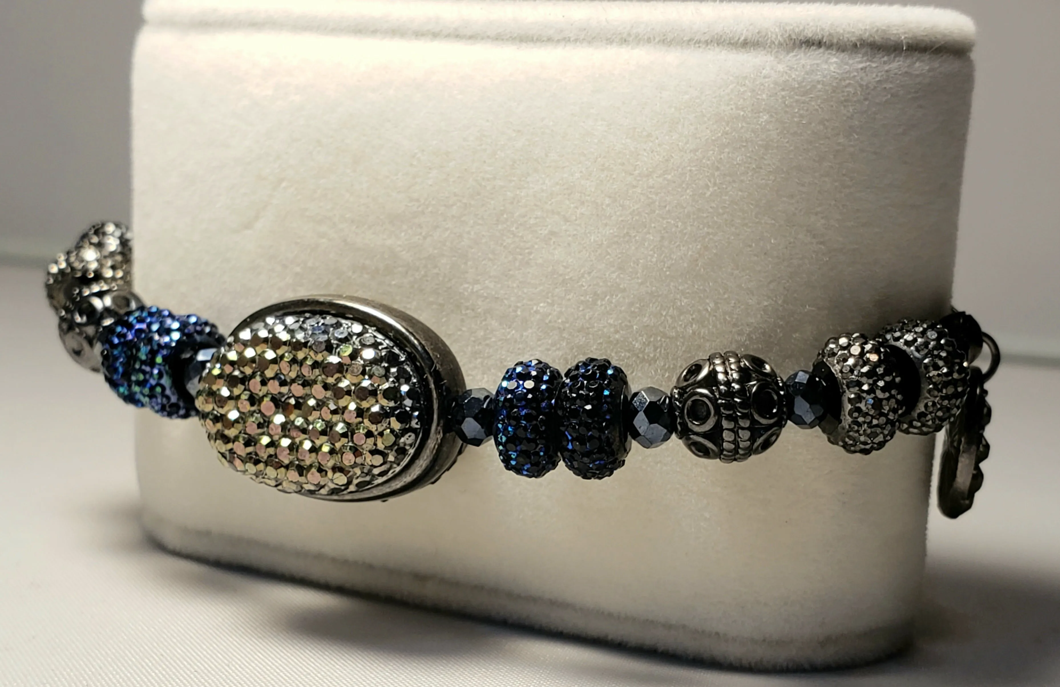 Black & Blue Austrian Crystal & Sterling Silver on Stainless Steel Bolo Style Bracelet, Adjustable