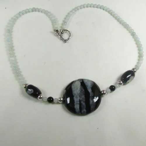 Black and Aqua African Bead Kazuri and Aquamarine Necklace