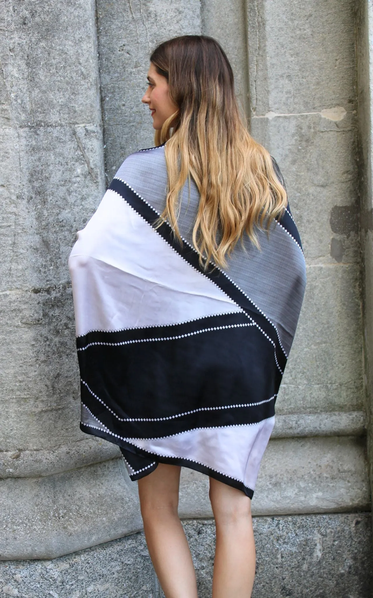 Black and Grey Geometrical Silk Scarf