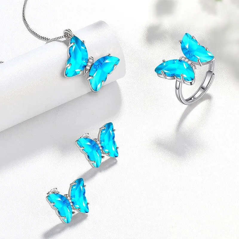 Blue Butterfly Jewelry Set 4PCS March Aquamarine Birthstone Women Girls Birthday Gifts