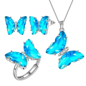 Blue Butterfly Jewelry Set 4PCS March Aquamarine Birthstone Women Girls Birthday Gifts