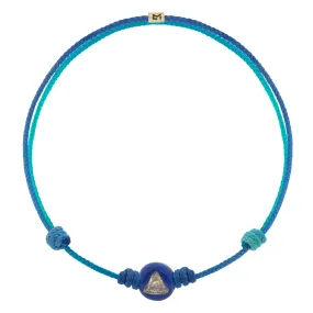 Blue Enameled Large Gold Ball With White Diamond Trillion Cord Bracelet